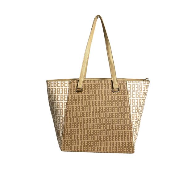 Bebe Ashley Logo Print Tote Bag Tan Handbag Purse XL Large School Work - Picture 2 of 16